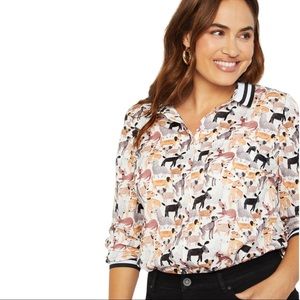 Eloquii Whimsical Dog Lover Printed Button Down Tunic with Stripe Trim NEW